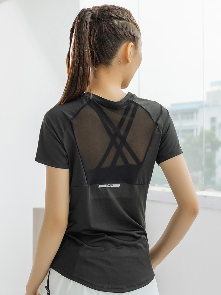 Mesh Top Layering - サマースポーツ半袖レディースメッシュ速乾性通気性ヨガトップスリムフィット弾性トレーニングランニングフィットネスTシャツ