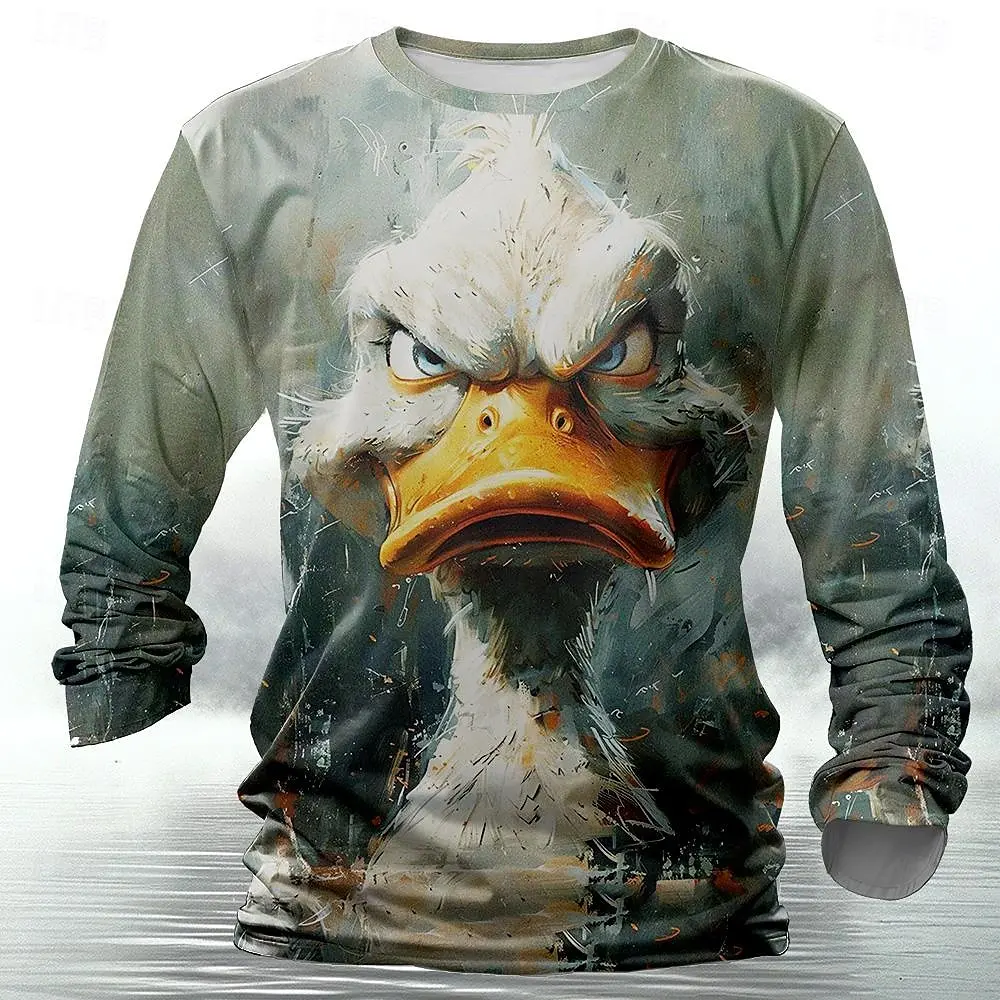 Street Fashion Hip Hop - 面白い3DアニマルプリントのメンズTシャツ。ヒップホップ風で、原宿ストリートファッションに合う、秋にぴったりのゆったりとしたデザイン。長袖で、綿素材を使用。