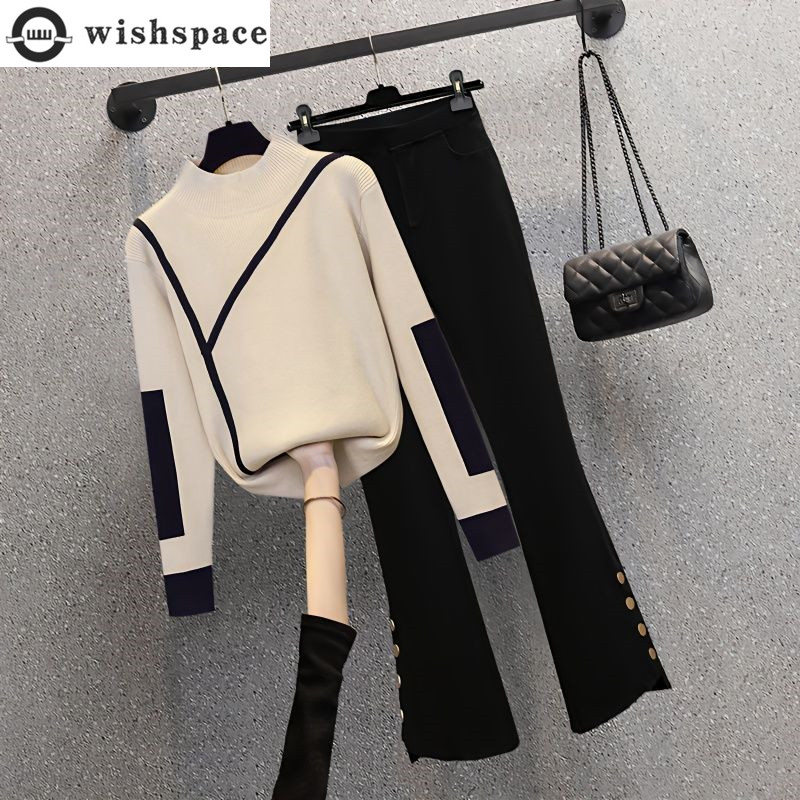 Street Fashion Korean - ファッショナブルなレディースセット 2023 秋冬新韓国版スタイルデザインセンスニットセーターカジュアルパンツ 2 点セット