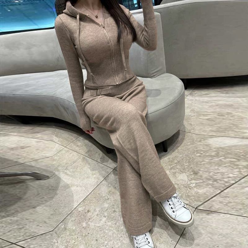 Oqwo-女性用ツーピースニットセット,長袖,ジッパージャケ - Street Fashion Korean のレビューと価格