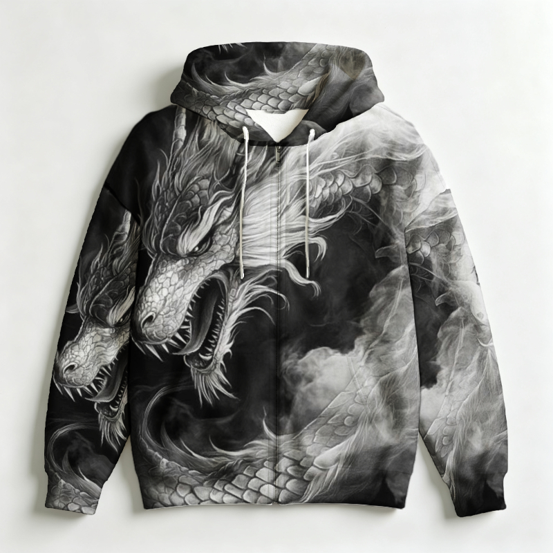 メンズジップアップフード付きスウェットシャツ 3Dアジアドラ - Street Fashion Definition のレビューと価格