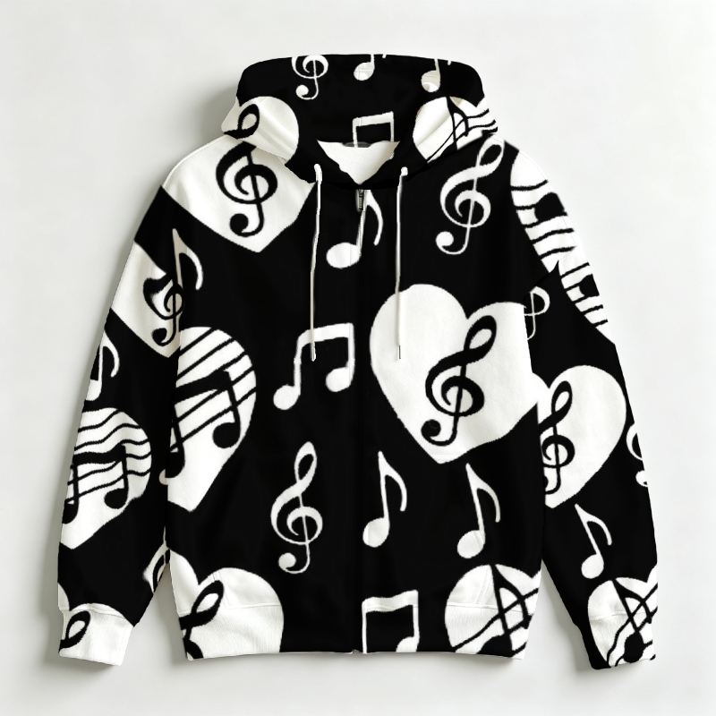 メンズジップフロントフーディー、音符柄プリント、長袖、ドロー - Street Fashion Definition のレビューと価格