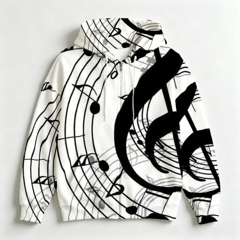 メンズジップフロントフーディー、音符柄プリント、長袖、ドロー - Street Fashion Definition のレビューと価格