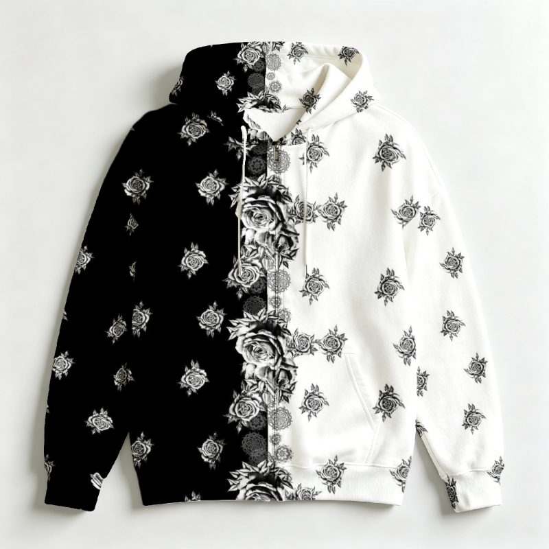 メンズジップアップフード付きスウェットシャツ 3D花柄ローズ - Street Fashion Definition のレビューと価格
