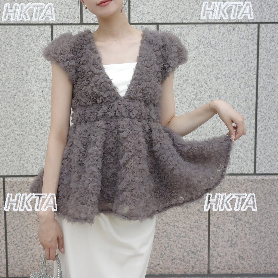 日本の立体花柄メッシュバブル半袖トップス、黒のシャツ、エレガ - Mesh Top Layering のレビューと価格