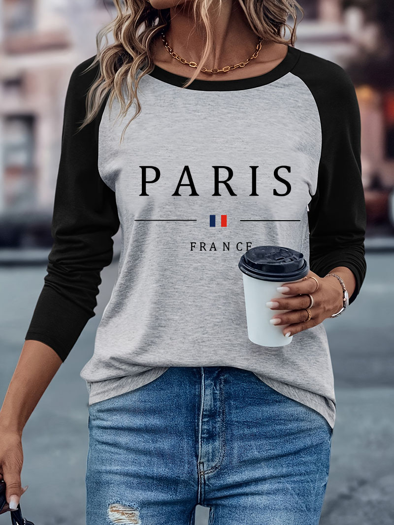 ファッションパリ レタープリント カジュアル 長袖Tシャツ  - Street Fashion Paris のレビューと価格